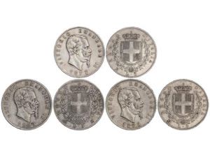 Italy - Lote 3 monedas 5 Liras. 1869, 76, ... 