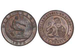 10 Céntimos. 1870. BARCELONA. O.M. Restos ... 