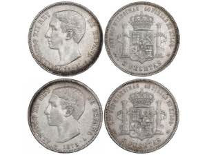 Lote 2 monedas 5 Pesetas. 1875 y 1876 (*_-_) ... 