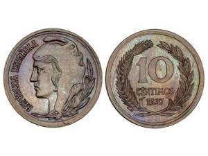 Prueba de 10 Céntimos. 1937. Anv.: Cabeza ... 