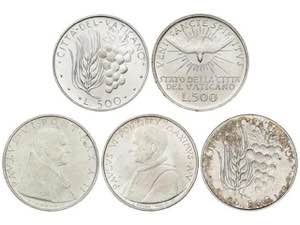 Vatican - Lote 5 monedas 500 Liras. 1963, ... 