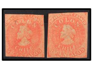 CHILE. Sc.9f (2). 1856-62. 5 ctvos. rojo. ... 