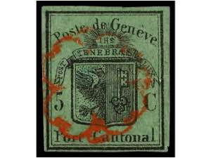 SUIZA. Yv.3A. 1848. 5 cents. black on green ... 