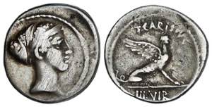 Denario. 46 a.C. CARISIA. T. Carisius. Anv.: ... 