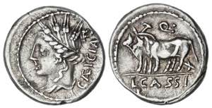 Denario. 102 a.C. CASSIA. L. Cassius ... 