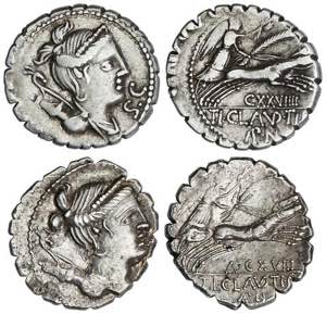 Lote 2 monedas Denario. 79 a.C. CLAUDIA. Ti. ... 
