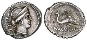 Denario. 46 a.C. CORDIA. Manius Cordius ... 