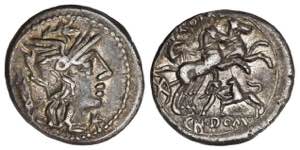 Denario. 128 a.C. DOMITIA. Cn. Domitius ... 