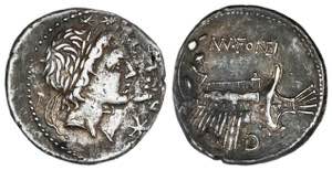 Denario. 114-113 a.C. FONTEIA. Mn. Fonteius. ... 