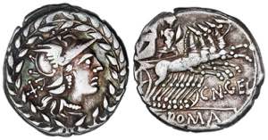 Denario. 138 a.C. GELLIA. Cnaeus Gellius. ... 