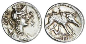 Denario. 68 a.C. HOSIDIA. C. Hosidius ... 