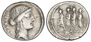 Denario. 54 a.C. JUNIA. Q. Caepio Brutus. ... 