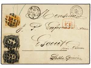 BRASIL. 1875. Cover franked with pair 200 r. ... 