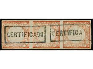 PERU. Sc.12. 1862. 1 dinero rojo. Tira de ... 