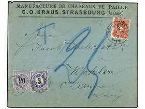 SUIZA. 1882. STRASBOURG (Germany) to WOHLEN. ... 