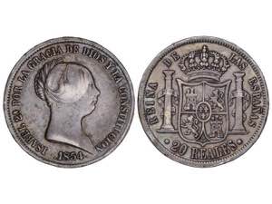 Elizabeth II - 20 Reales. 1854. SEVILLA. ... 