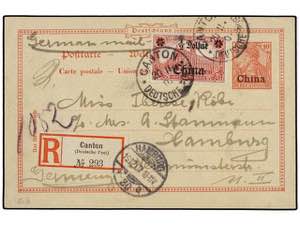 CHINA. 1907. CANTON to HAMBURG. 10 pf. red ... 