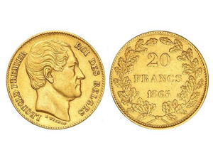 WORLD COINS: BELGIUM 20 Francos. 1865. ... 