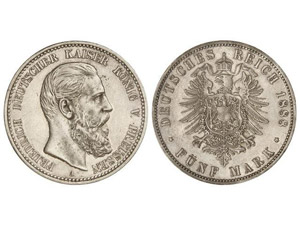 WORLD COINS: GERMAN STATES 5 Marcos. 1888-A. ... 