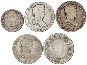 Ferdinand VII - Lote 5 monedas 2, 4 (3) y 10 ... 