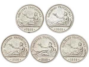 Lote 5 monedas 1 Peseta. 1869. S.N.-M. ... 