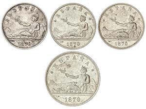 Lote 4 monedas 1 (3), 2 Pesetas. 1870 ... 