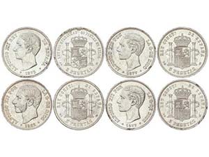 Lote 4 monedas 5 Pesetas. 1875, 1877 (2), ... 