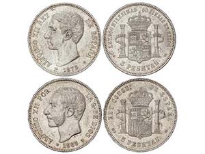 Lote 2 monedas 5 Pesetas. 1875 y 1885. 1875 ... 