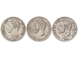 Lote 3 monedas 5 Pesetas. 1875, 1884 y 1885. ... 