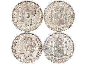 Lote 2 monedas 5 Pesetas. 1893, 1898 ... 