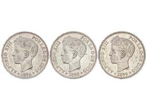 Lote 3 monedas 5 Pesetas. 1896, 1898 y 1899. ... 