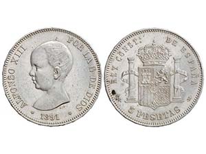Lote 13 monedas 5 Pesetas. 1891, 1896 y ... 