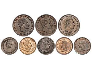 Lote 8 monedas 2 (5) y 5 Céntimos (2). 1870 ... 