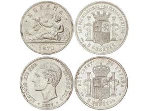 Lote 2 monedas 5 Pesetas. 1870 y 1877. ... 