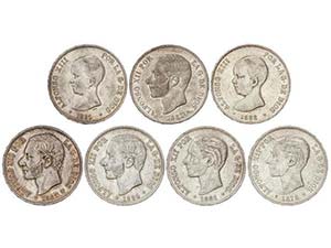 Lote 7 monedas 5 Pesetas. 1878 a 1891. ... 