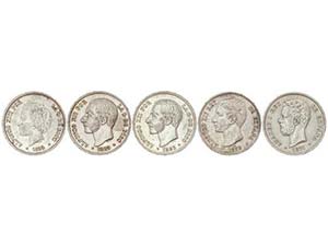 Lote 5 monedas 5 Pesetas. 1871, 1876, 1883, ... 