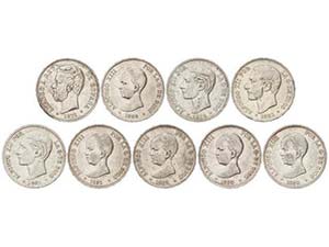 Lote 9 monedas 5 Pesetas. 1871 a 1892. 1871 ... 