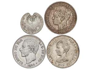 Lote 4 monedas 5 Pesetas (2), 1 Peso y 2 ... 