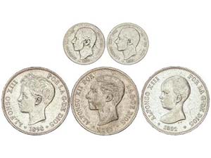 Lote 5 monedas 1 (2), 5 Pesetas (3). 1881 ... 