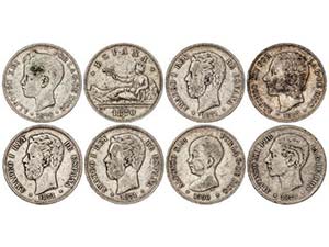 Lote 8 monedas 5 Pesetas. 1870 a 1898. ... 