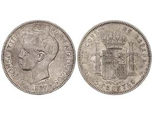 Lote 24 monedas 2 (23) y 5 Pesetas. 1870 a ... 