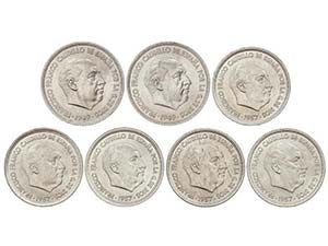 Lote 7 monedas 5 (2) y 50 Pesetas (2). 1949 ... 