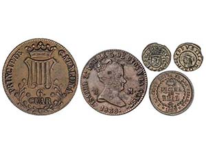 Lote 5 monedas 2 Maravedís (2), 6 Cuartos, ... 