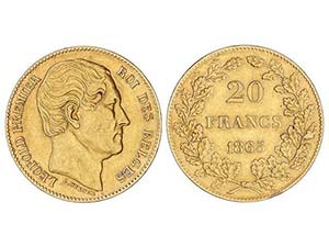 Belgium - 20 Francos. 1865. LEOPOLDO I. 6,41 ... 