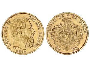 Belgium - 20 Francos. 1877. LEOPOLDO II. ... 