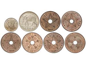 Belgian Congo - Lote 8 monedas 10 (6) y 50 ... 