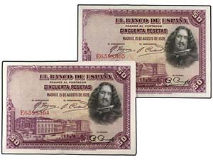 Lote 10 billetes 50 Pesetas. 15 Agosto 1928. ... 