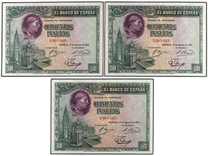 Lote 3 billetes 500 Pesetas. 15 Agosto 1928. ... 