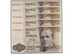 Juan Carlos I - Lote 5 billetes 5.000 ... 