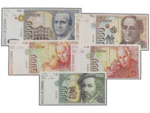 Juan Carlos I - Lote 5 billetes 1.000, 2.000 ... 